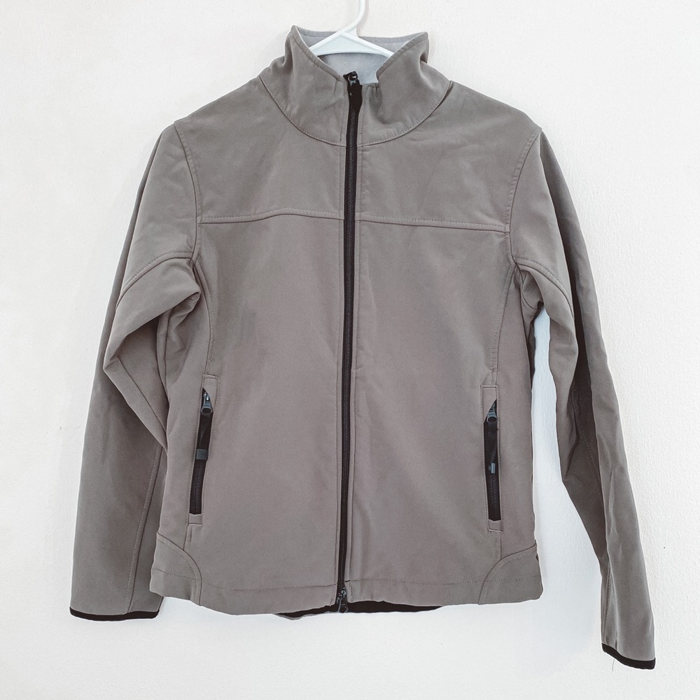 Dark/Olive green and grey rain coat/jacket- full length sleeve, collar neck